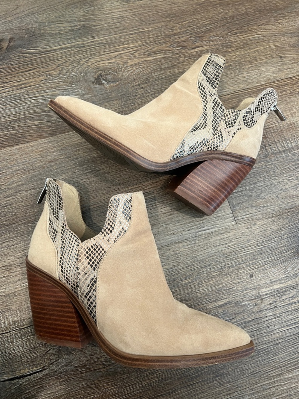 Vince Camuto Gannilla Tortilla Suede and Snake Print Leather Western Booties - Picture 2 of 4